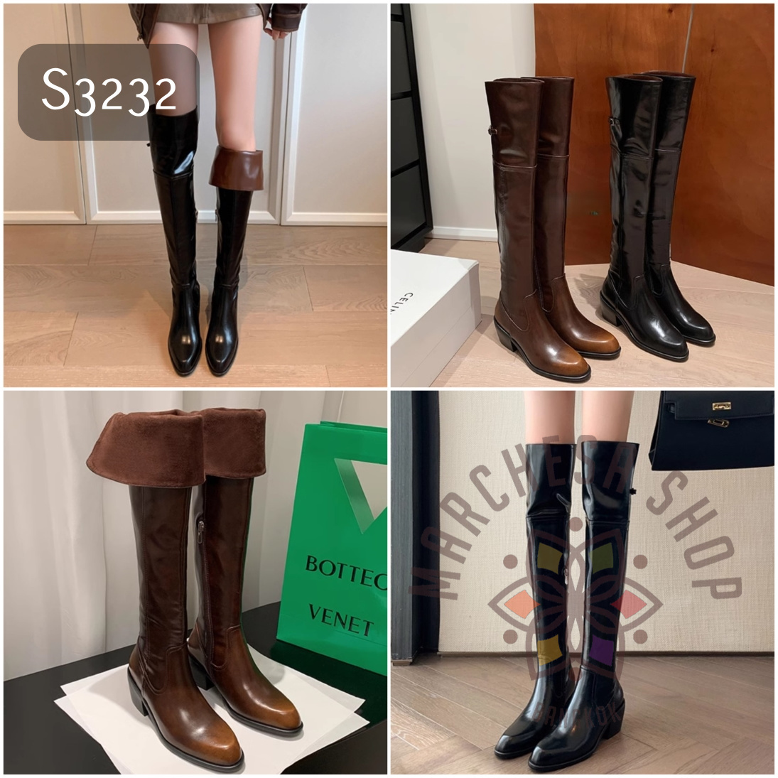 S3232 - 真皮牛皮反摺尖方頭高踭長靴