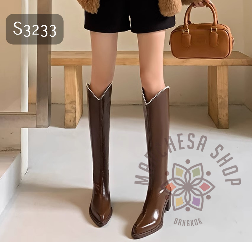 S3233 - 真皮牛皮珍珠邊尖頭高踭長靴