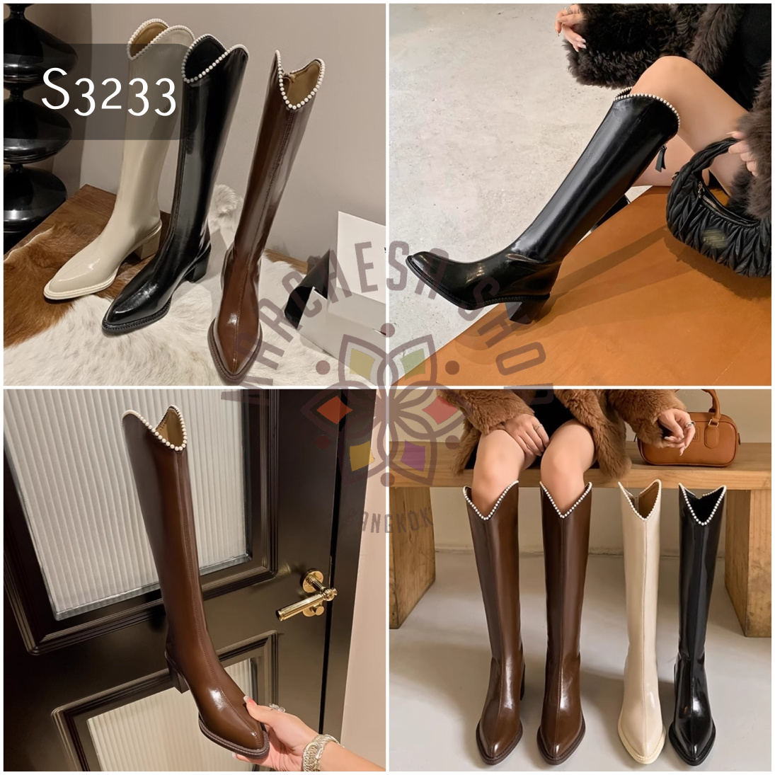 S3233 - 真皮牛皮珍珠邊尖頭高踭長靴
