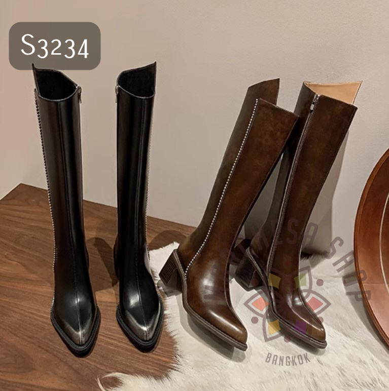S3234 - 真皮羊皮銀珠線邊搭口尖頭高踭長靴