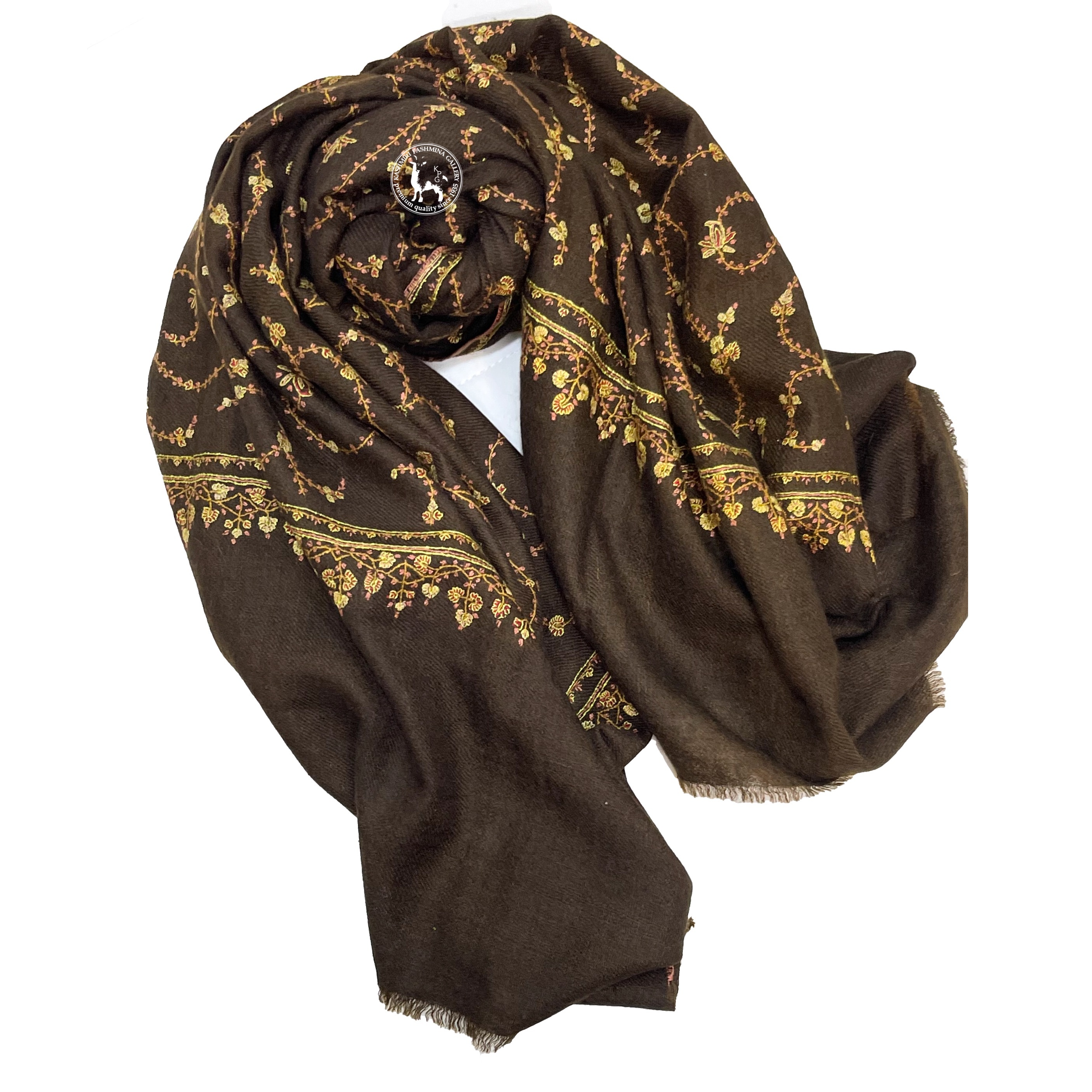 深啡色刺繡喀什米爾羊絨披肩