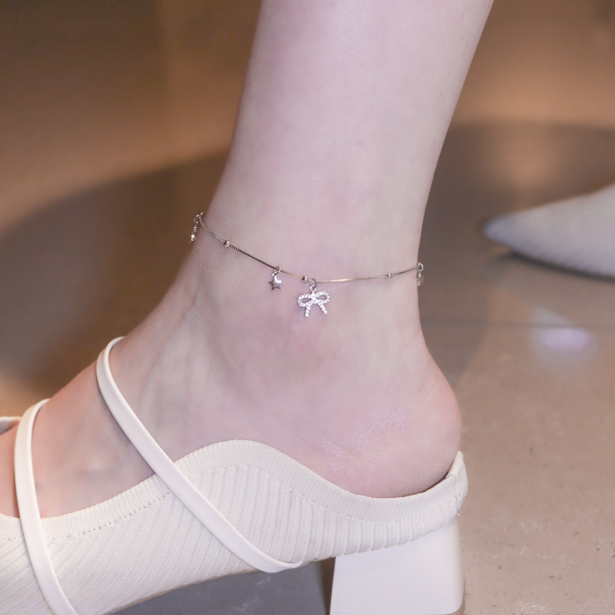 | 925 Silver・White Gold | Starry Wish Bow Anklet | AN0115 |