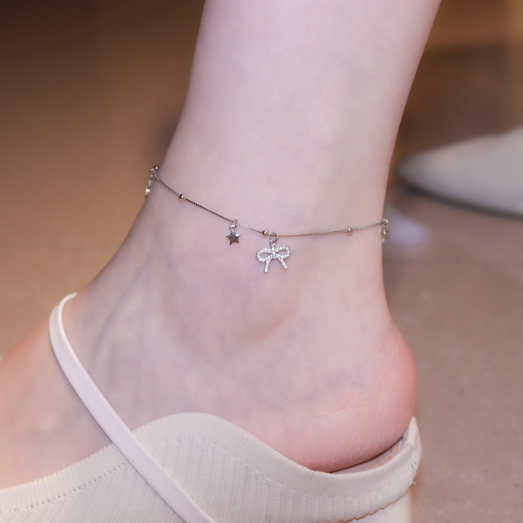 | 925 Silver・White Gold | Starry Wish Bow Anklet | AN0115 |