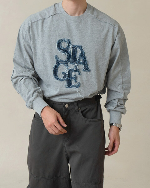 拼接牛仔字母長袖上衣