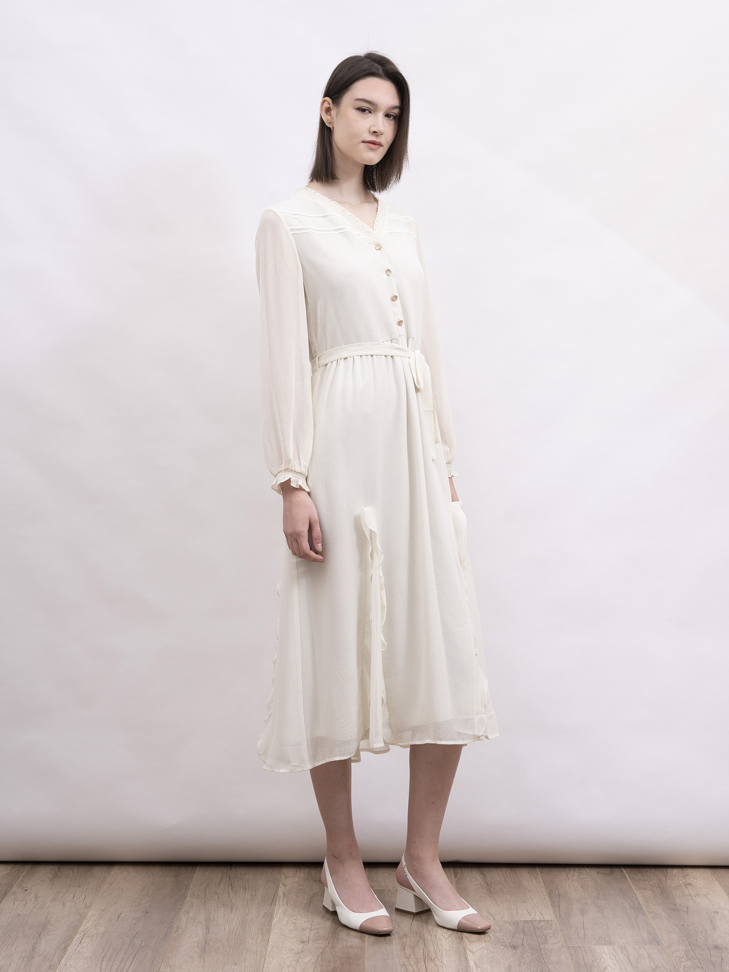 mi-tu 波浪飾邊V領連身裙