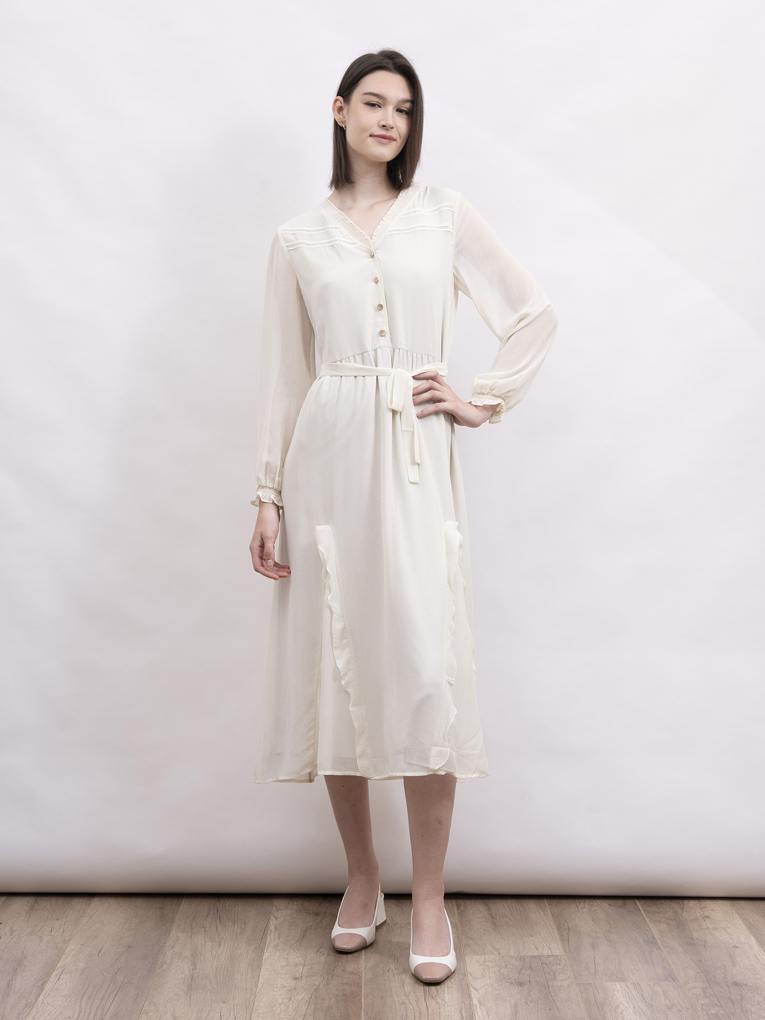 mi-tu 波浪飾邊V領連身裙