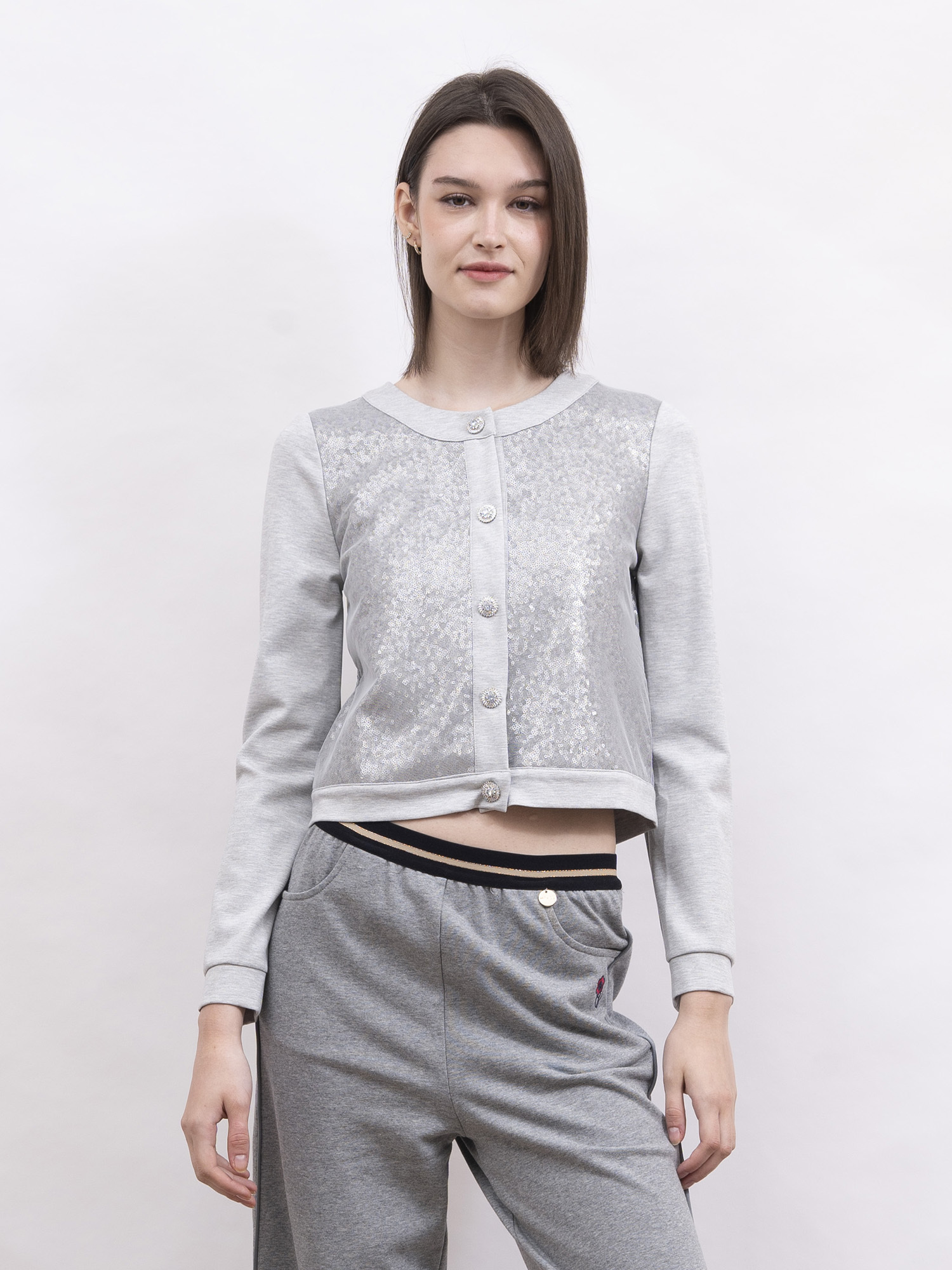 mi-tu 珠片鑲鑽鈕扣短外套