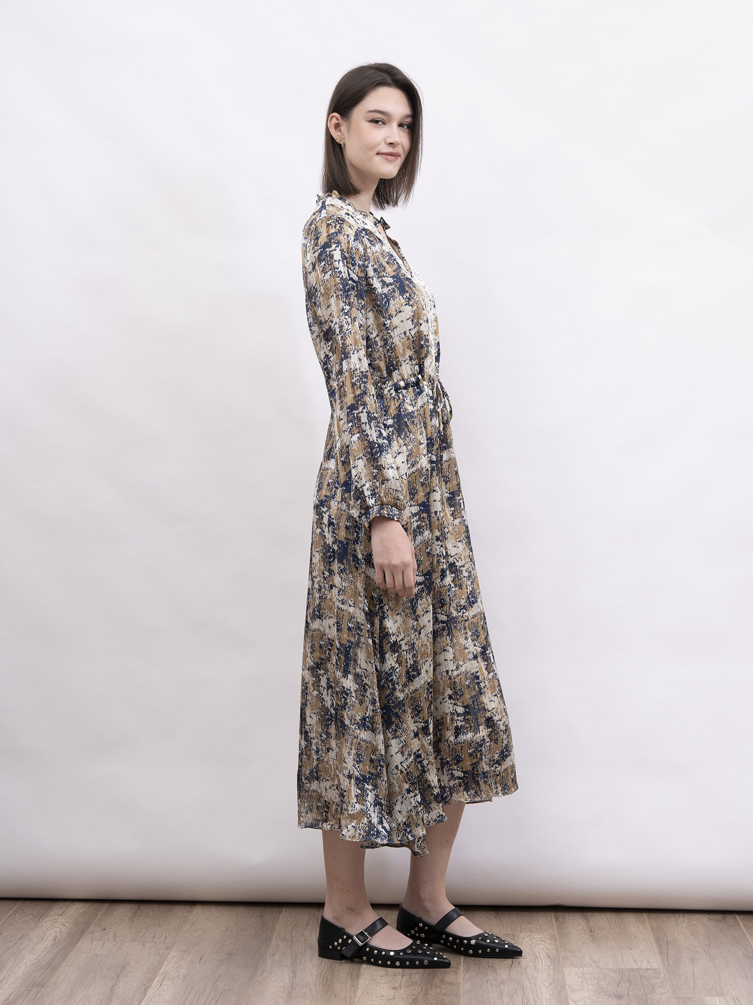 mi-tu 印花拼蕾絲V領連身裙