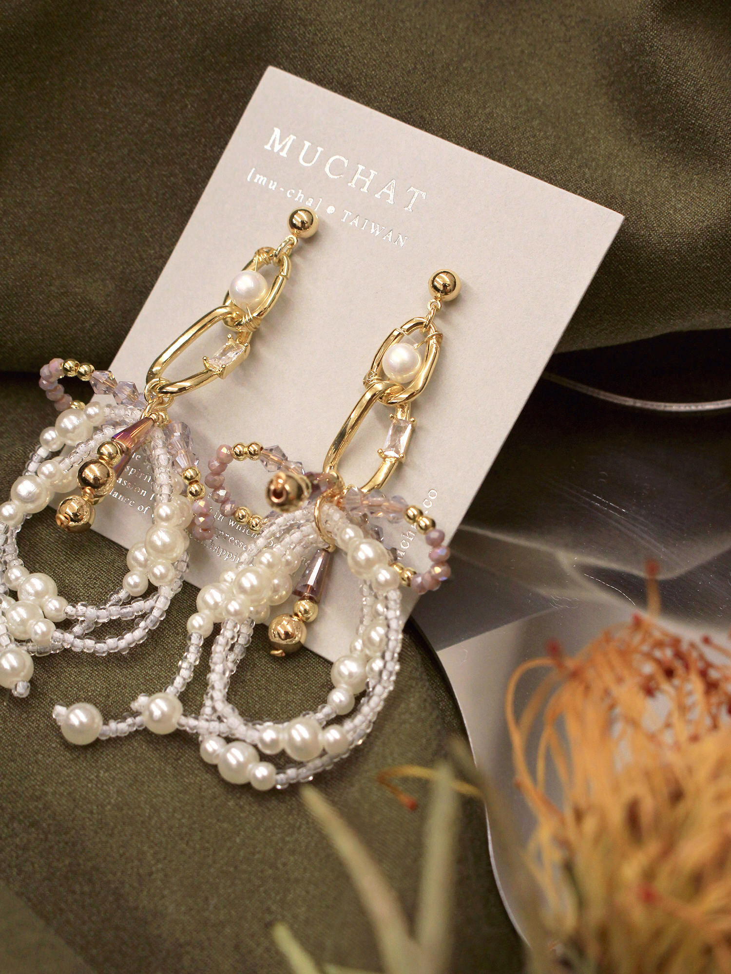 日劇般迷戀。MUCHAT手作14KGP珍珠蝶結流蘇純銀針耳環