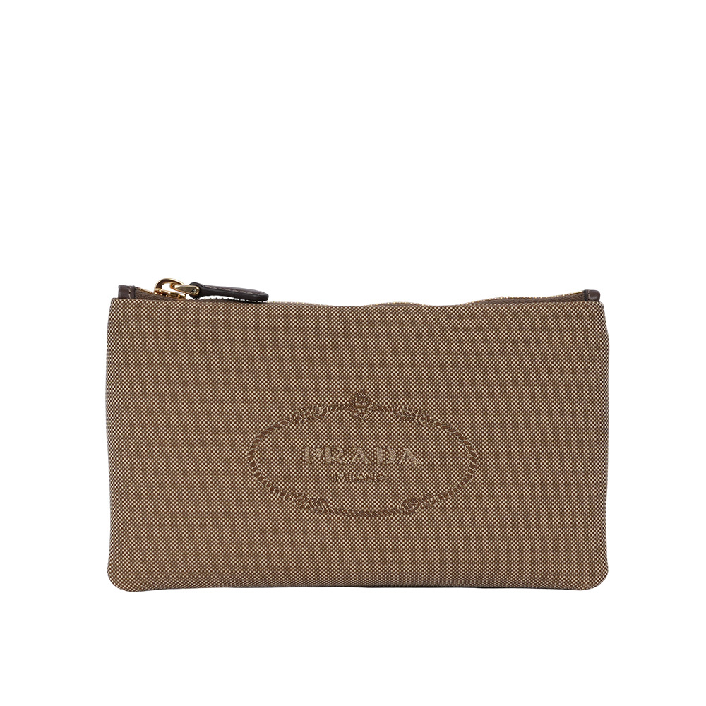 【PRADA】Logo 標誌緹花布及皮革萬用包/手拿包(卡其色)1MB039 UCW F0065