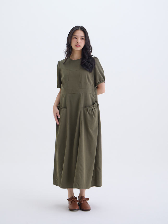 凱瑟琳圓領短袖剪接連身洋裝-軍綠