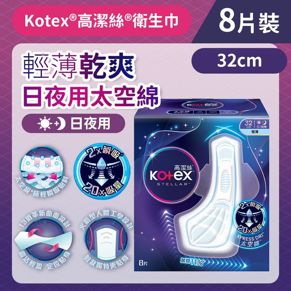 [32cm/8片]Kotex 太空綿極薄衛生巾(日/夜用) (太空級*極輕瞬吸材料,20x吸量) (14016599/14016669)