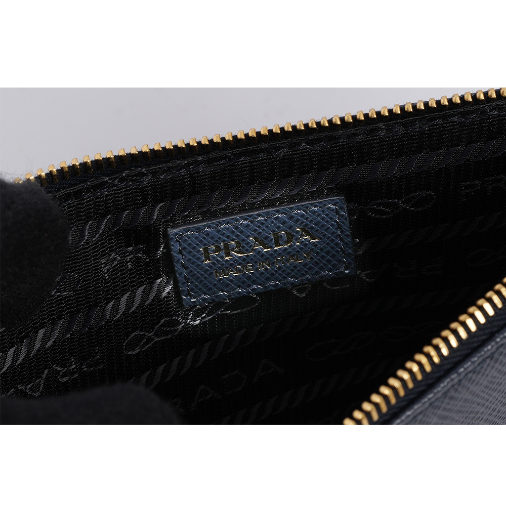 【PRADA】金色三角牌Logo 防刮皮革拉鍊手拿包/收納袋(波羅的海藍)1MB025 QHH F0216