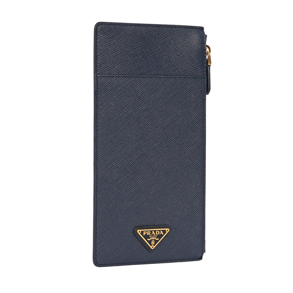 【PRADA】金色三角牌Logo 防刮皮革拉鍊手拿包/收納袋(波羅的海藍)1MB025 QHH F0216