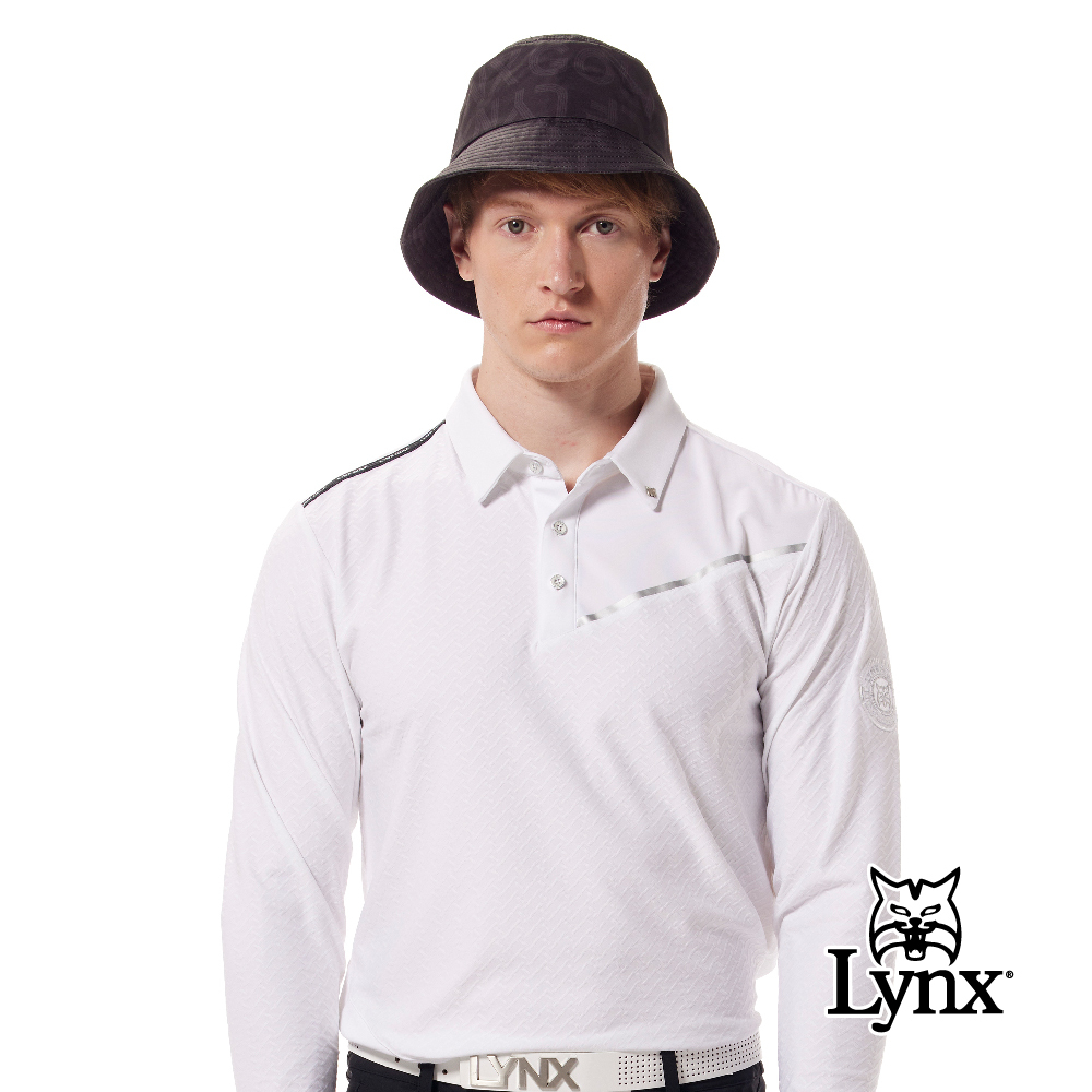 【Lynx Golf】合身版吸排人字紋組織織帶山貓鉚釘POLO衫/高爾夫球衫