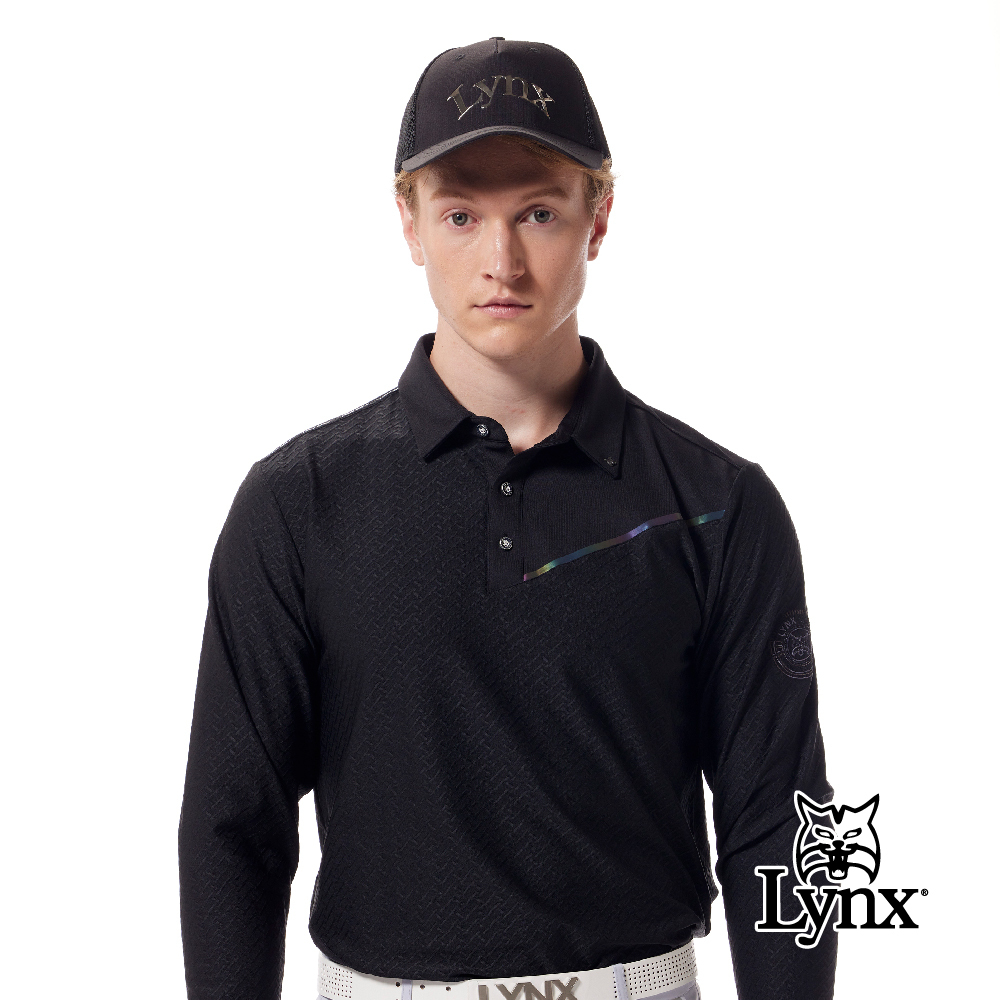 【Lynx Golf】合身版吸排人字紋組織織帶山貓鉚釘POLO衫/高爾夫球衫