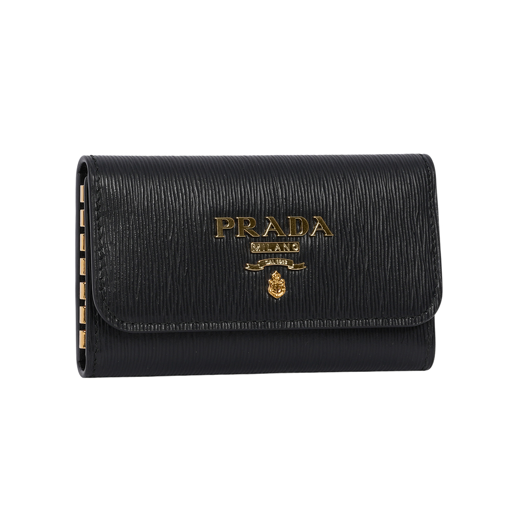 【PRADA】浮雕Logo 水波紋皮革壓釦六孔鑰匙包(黑色)1PG222 2B6P F0002