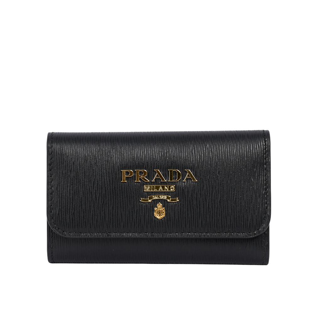 【PRADA】浮雕Logo 水波紋皮革壓釦六孔鑰匙包(黑色)1PG222 2B6P F0002