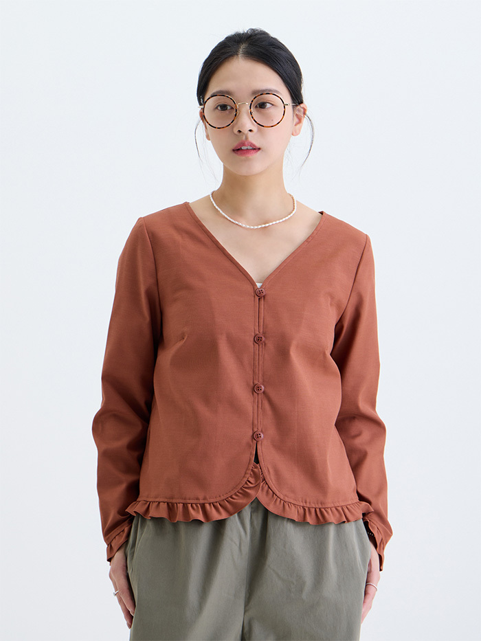 優雅大V領花邊外套-磚紅