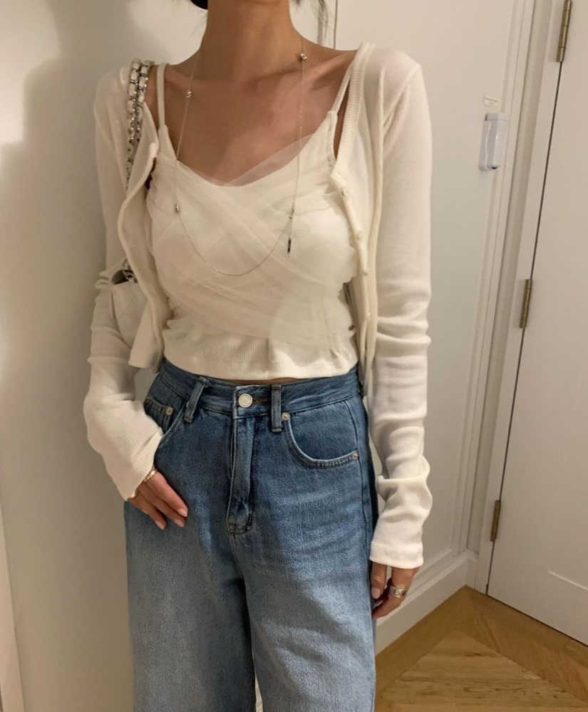 [現貨] Eve 網紗針織背心+針織外套set [黑色 / Free ]