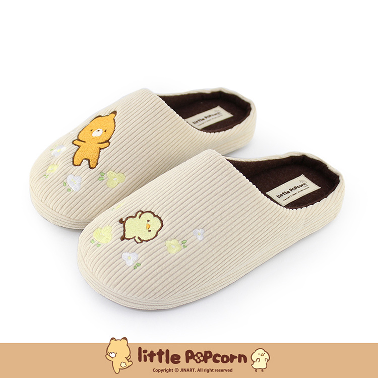 Paidal x 小玉米花Little popcorn 花園直紋絨毛絨室內拖鞋-杏