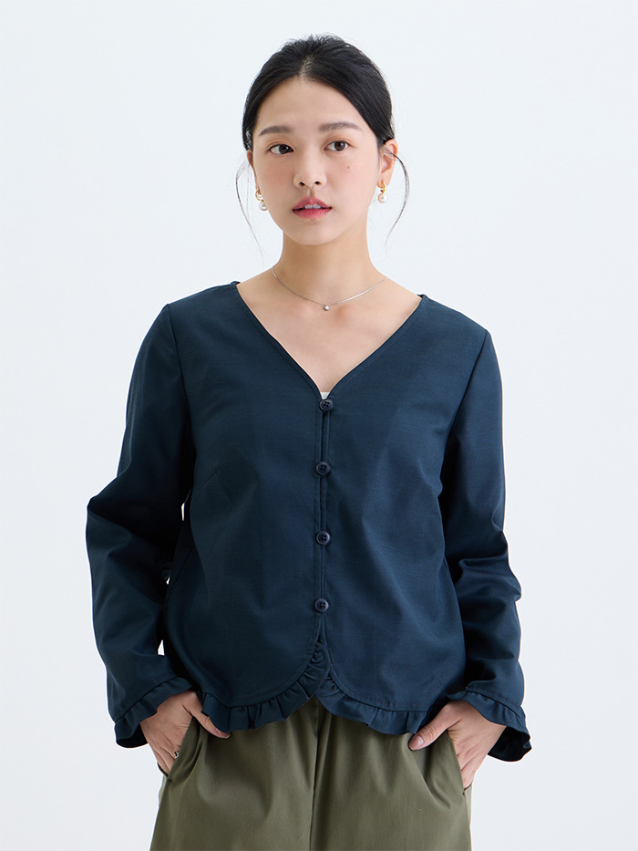 優雅大V領花邊外套-山嵐