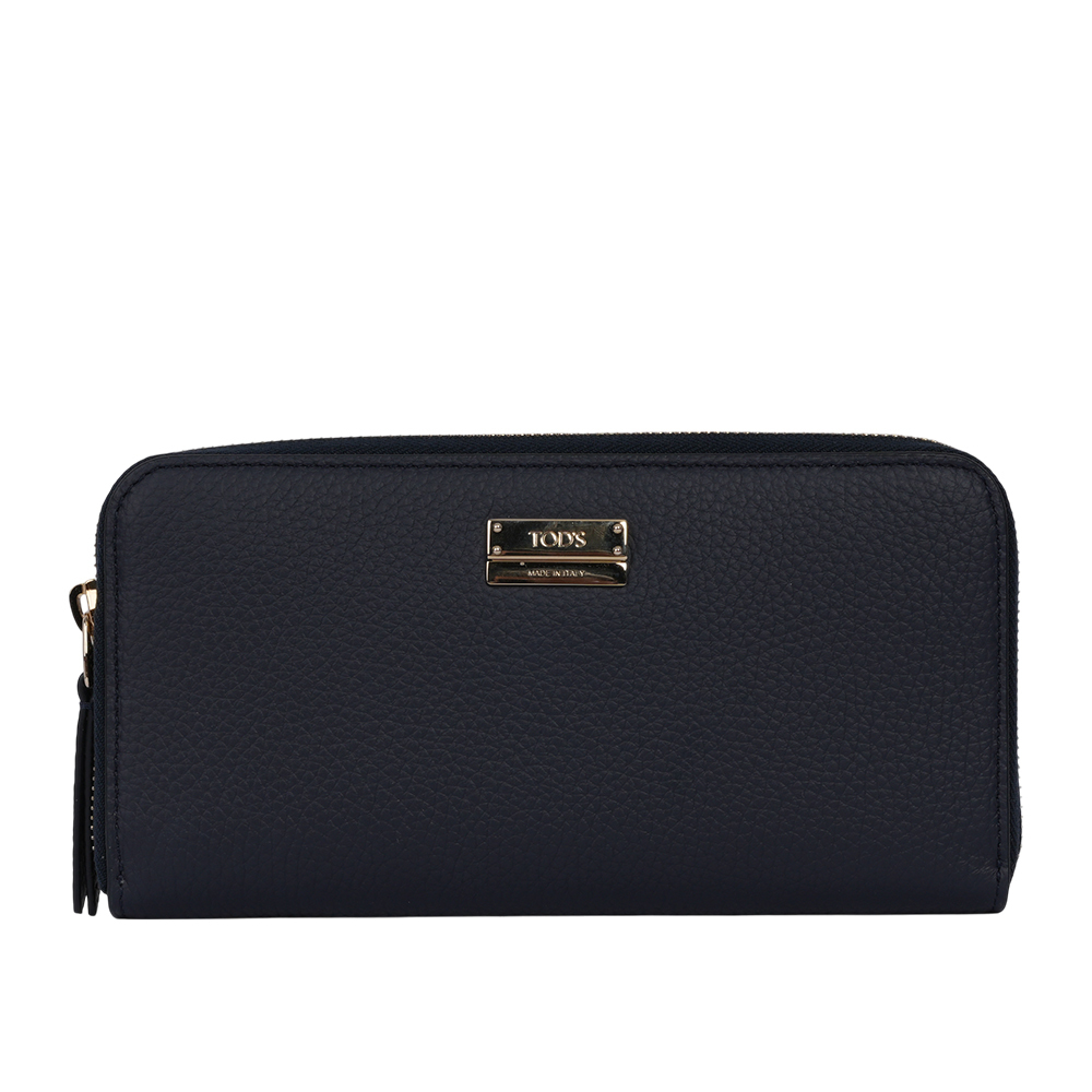 【TOD'S】金色鐵牌牛皮ㄇ形拉鍊長夾(深藍色)XAWENBA04Z0RIAU824