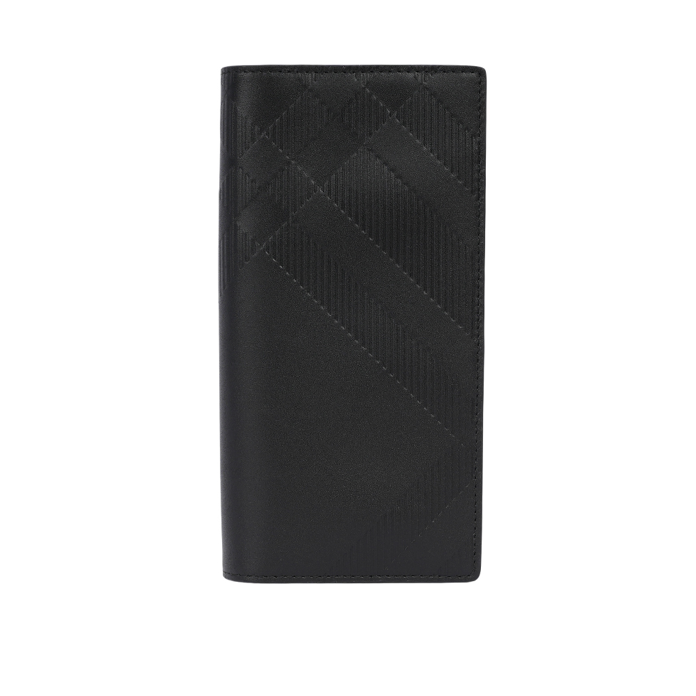 【BURBERRY】經典格紋浮雕小牛皮16卡對開二折長夾(黑色)8078353 A1189