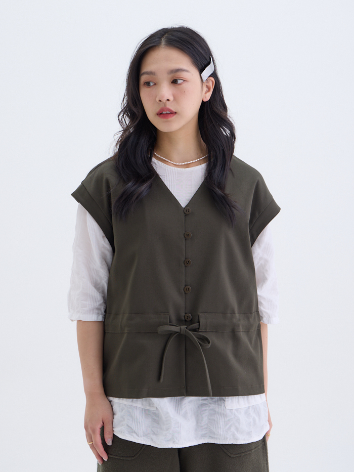 漫步V領連袖開襟綁帶罩衫-軍綠