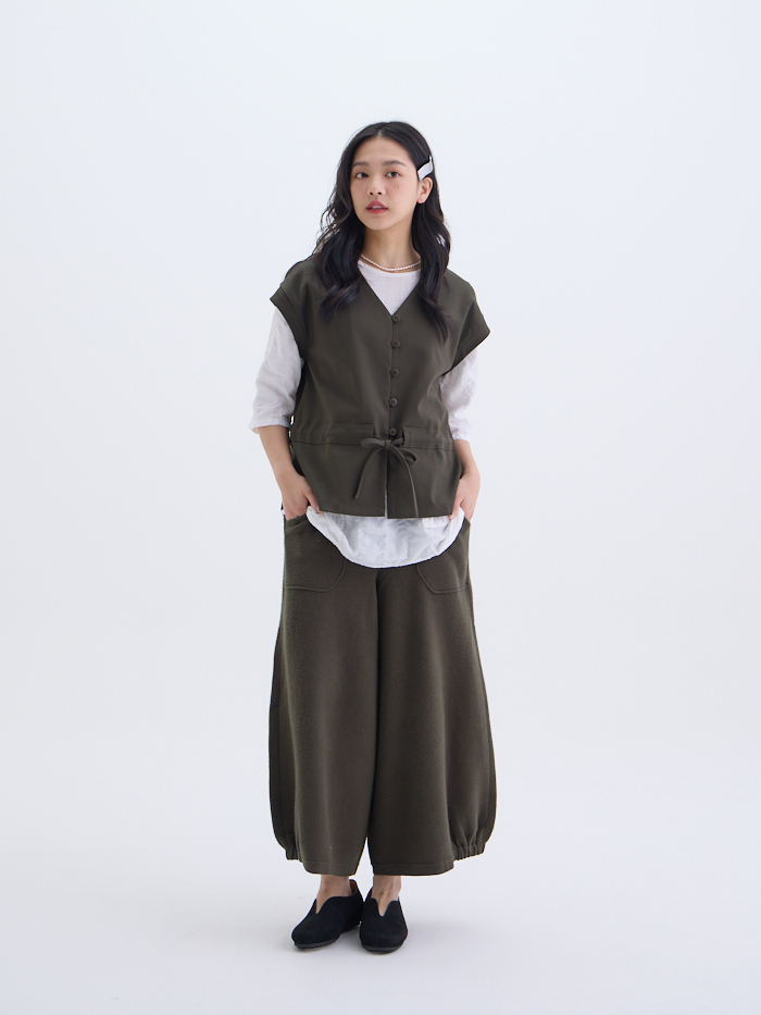 漫步V領連袖開襟綁帶罩衫-軍綠