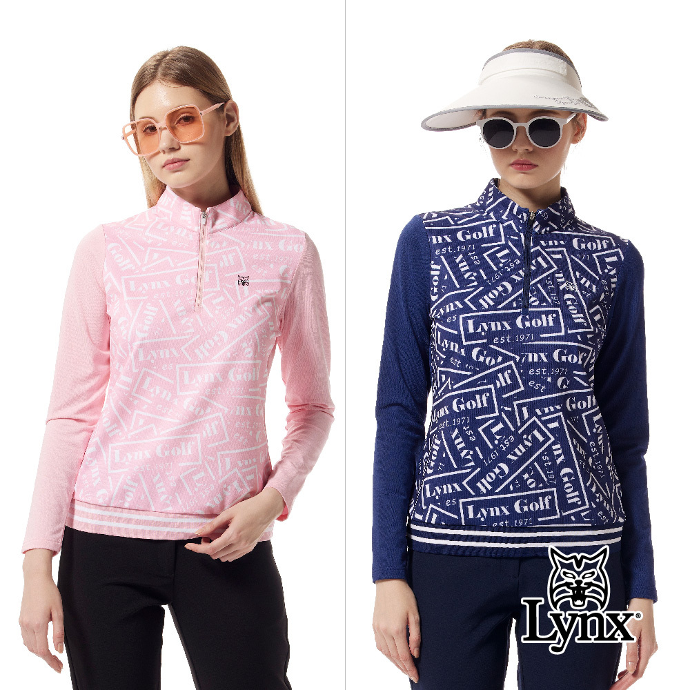 【Lynx Golf】合身版保暖刷毛印花下擺羅紋立領POLO衫/高爾夫球衫