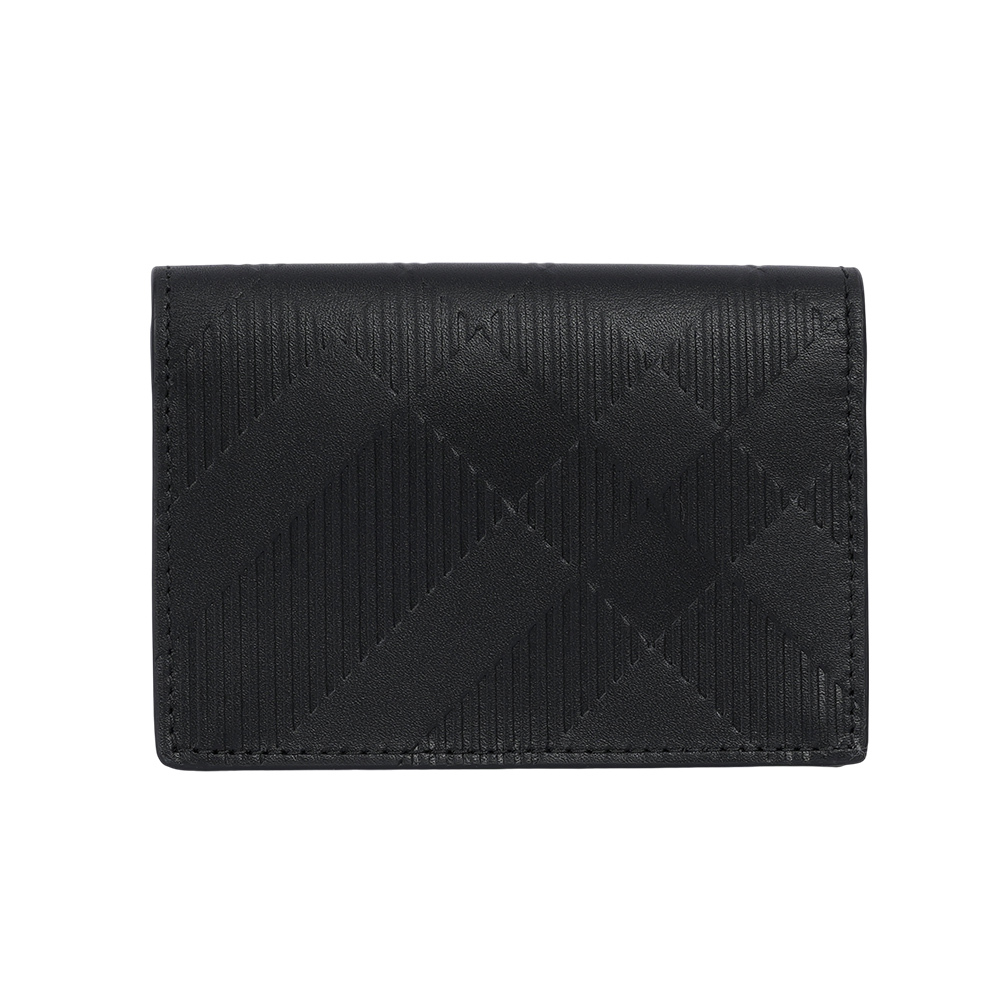 【BURBERRY】經典格紋浮雕小牛皮二折名片夾/卡片夾(黑色)8079772