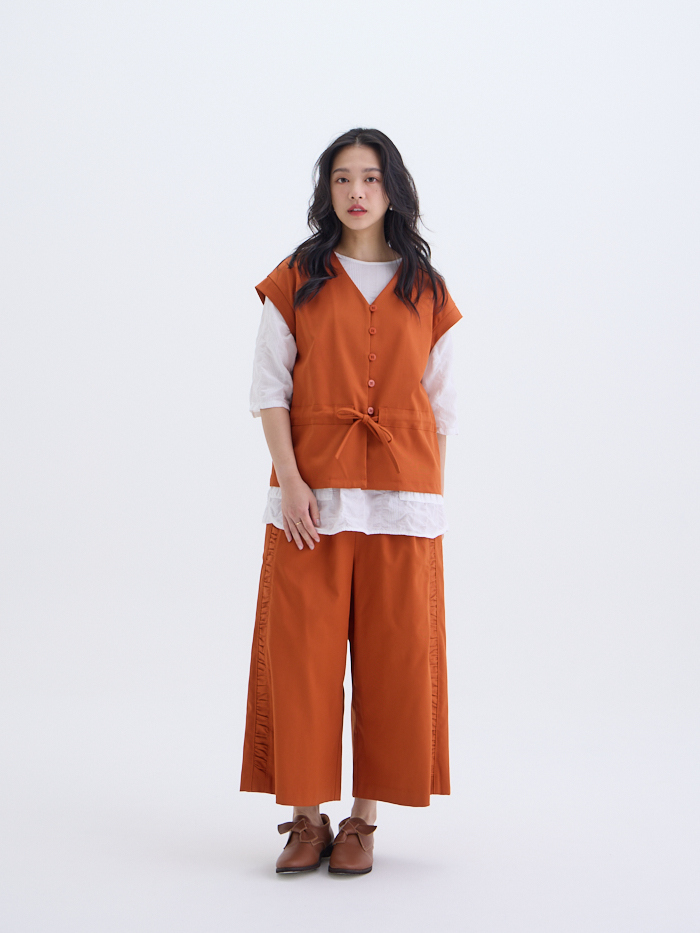 漫步V領連袖開襟綁帶罩衫-火橘