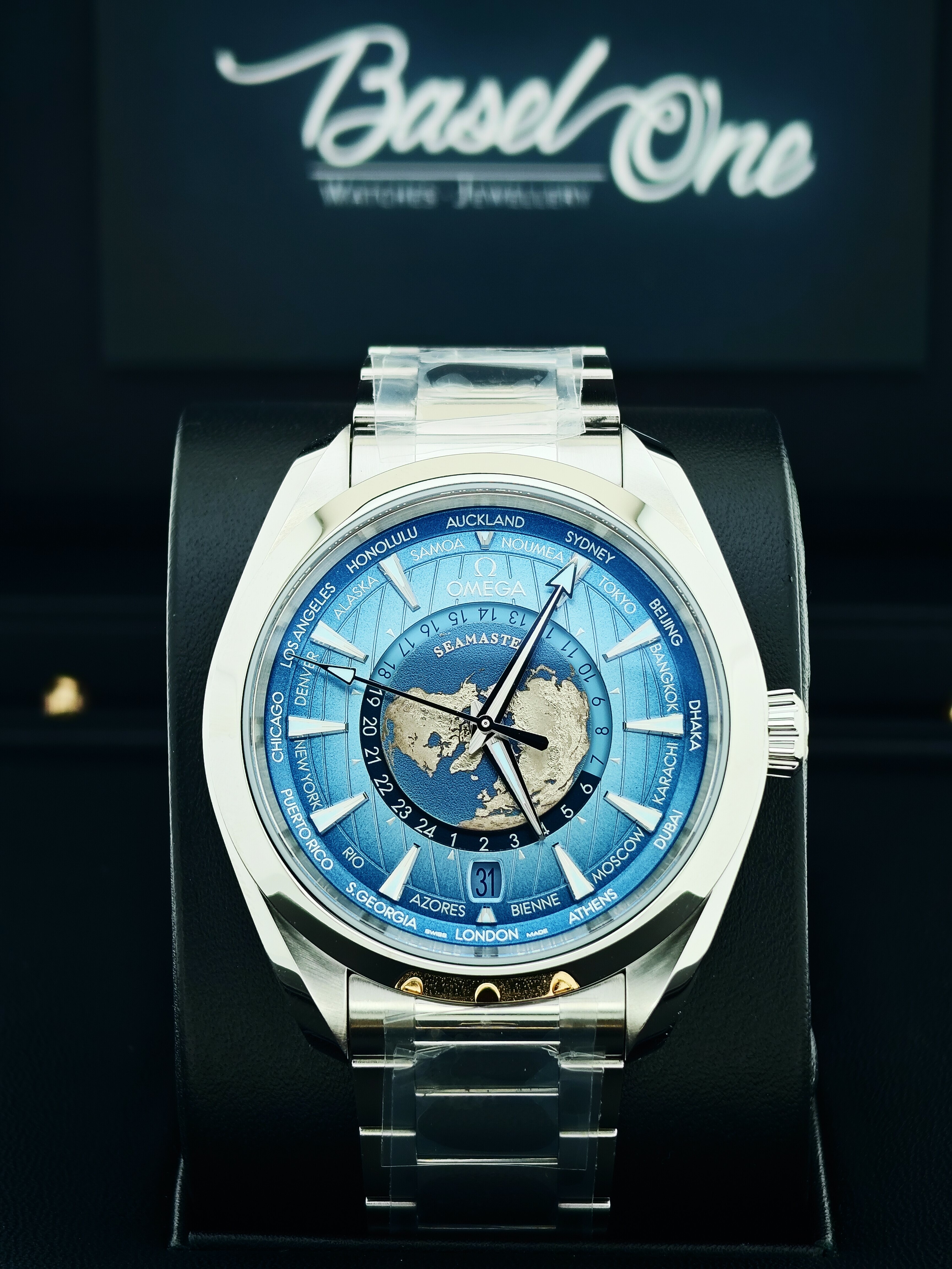 BRAND NEW OMEGA SEAMASTER 220.10.43.22.03.002  22010432203002  75th anniversary AQUA TERRA 150M CO‑AXIAL MASTER CHRONOMETER GMT summer blue WORLDTIMER SUMMER BLUE 43 MM