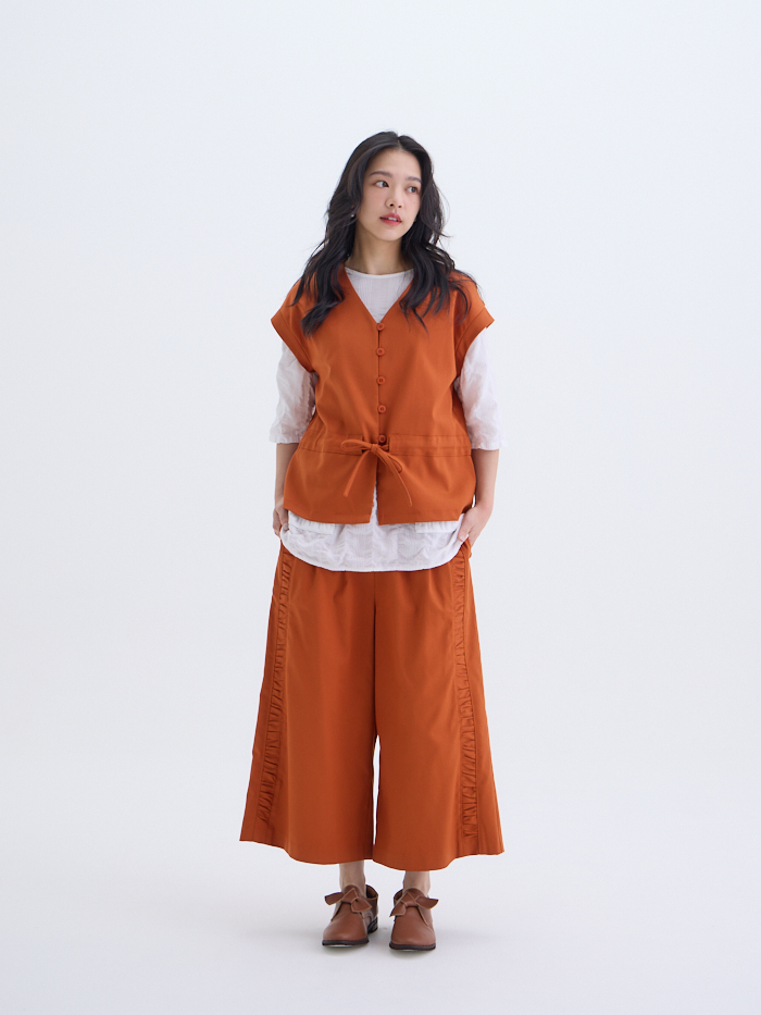 漫步花邊九分寬褲-火橘