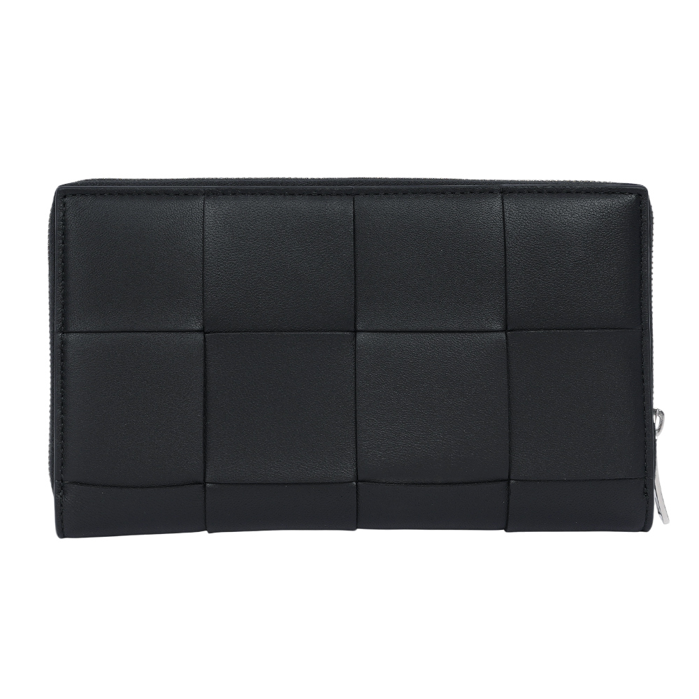 【BOTTEGA VENETA】Cassette 小羊皮編織ㄇ形拉鍊長夾(黑色) 651368 V3UO1 8803