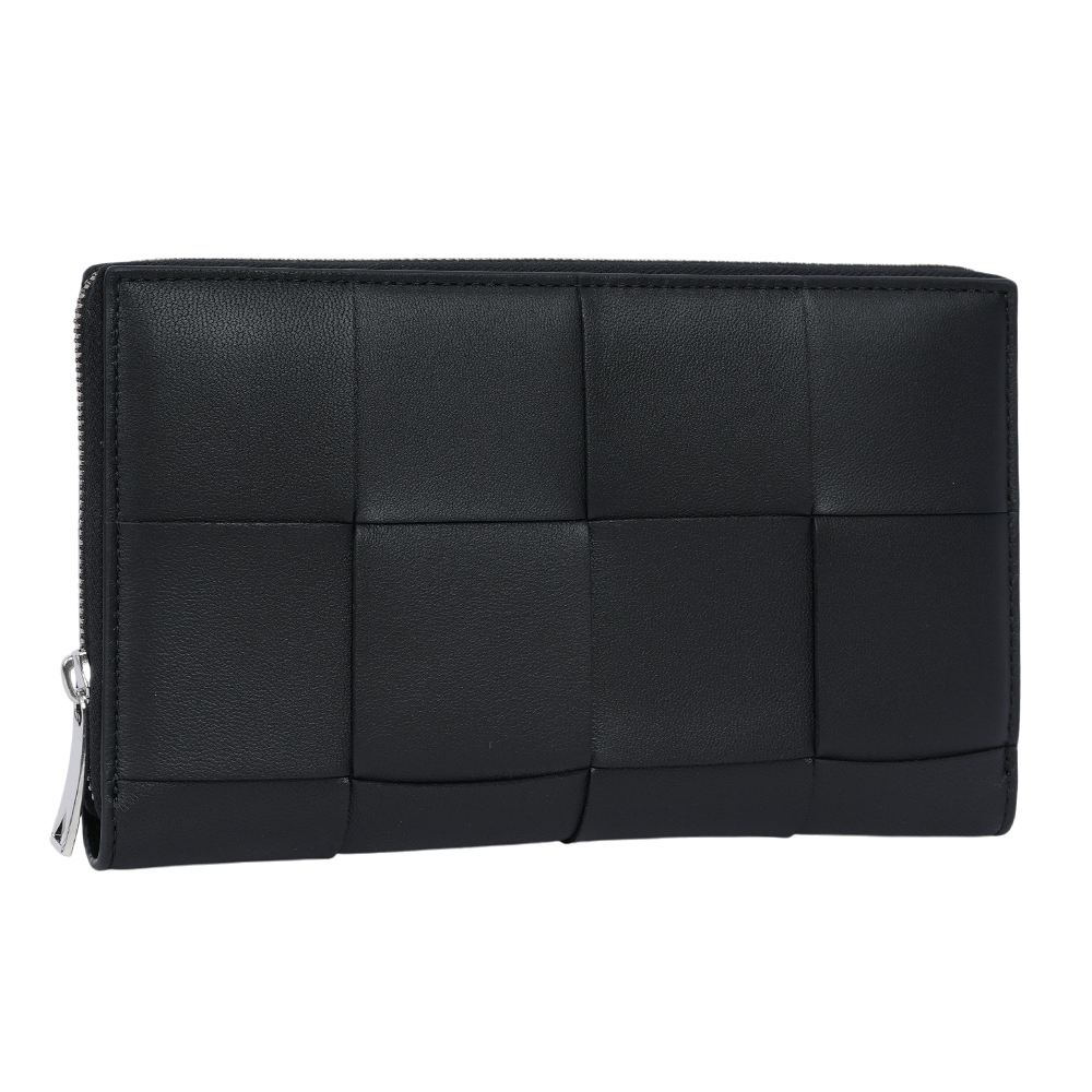 【BOTTEGA VENETA】Cassette 小羊皮編織ㄇ形拉鍊長夾(黑色) 651368 V3UO1 8803