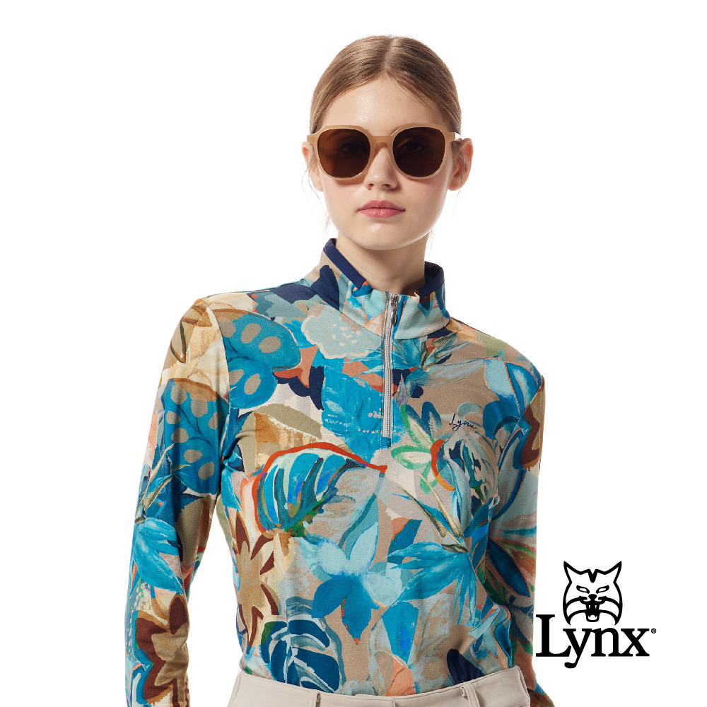 【Lynx Golf】歐洲布料花布印花剪接織帶立領POLO衫