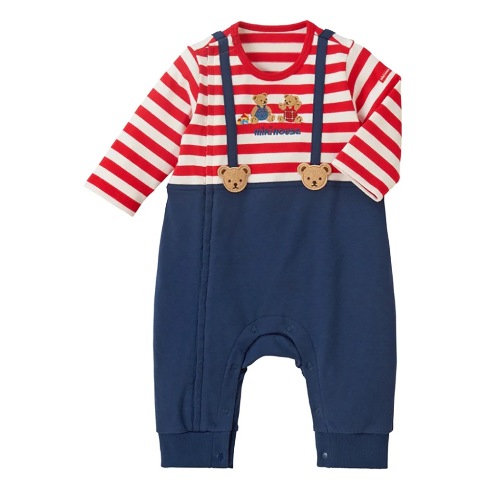 MIKI HOUSE BEAR吊帶風格條紋長袖連身衣-紅