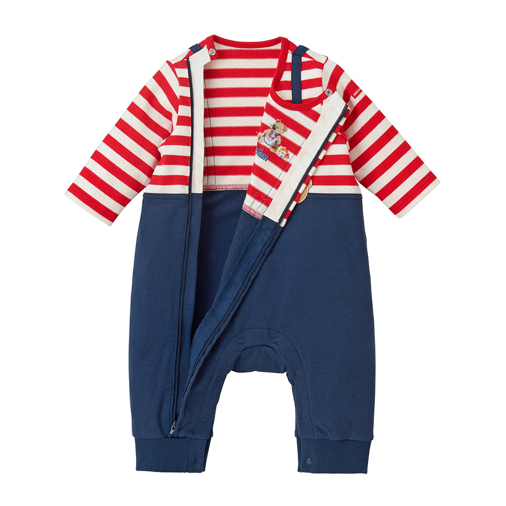 MIKI HOUSE BEAR吊帶風格條紋長袖連身衣-紅