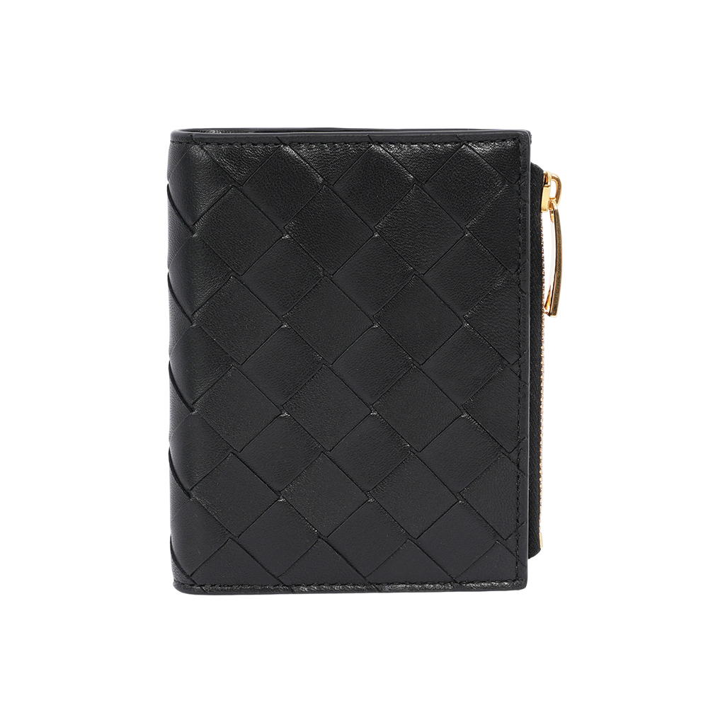 【BOTTEGA VENETA】小羊皮及小牛皮編織暗釦式二折短夾(黑色)742330 VCPP3 8425