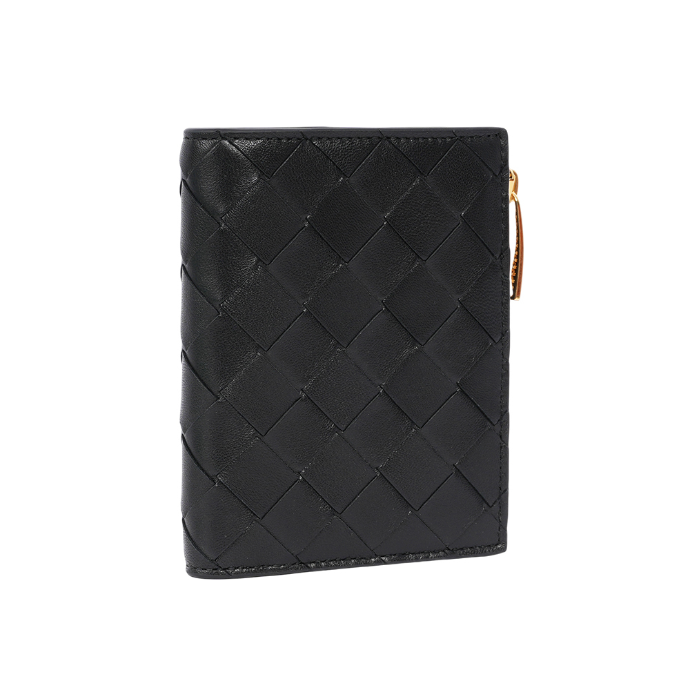 【BOTTEGA VENETA】小羊皮及小牛皮編織暗釦式二折短夾(黑色)742330 VCPP3 8425