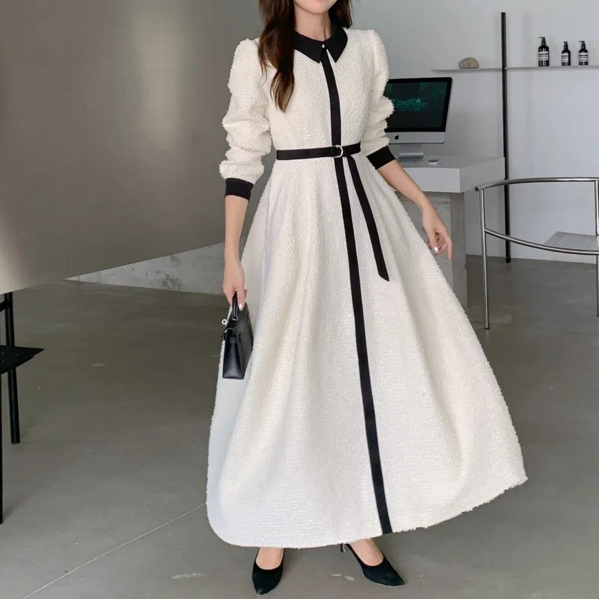 配色小香風滾邊翻領收腰傘擺長洋裝-F (Elegant & Love)