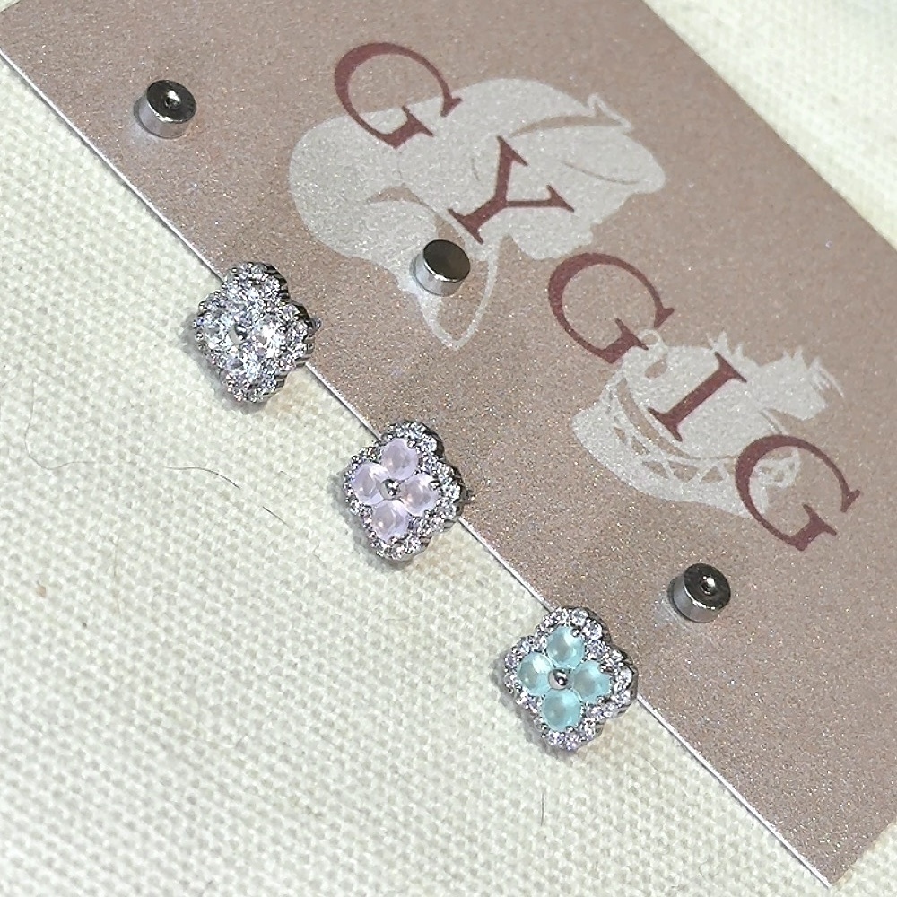 白金鑽三色夢幻晶鑽石四葉草”醫療鋼螺絲耳釘