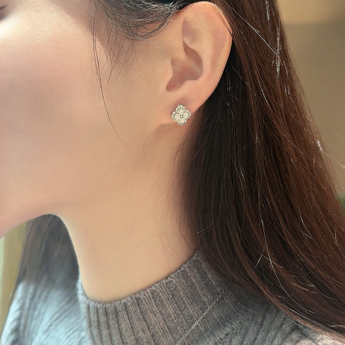 白金鑽三色夢幻晶鑽石四葉草”醫療鋼螺絲耳釘