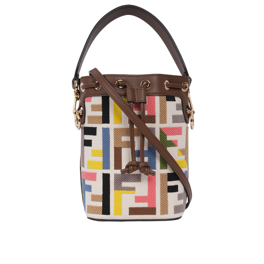 【FENDI】MON TRESOR 刺繡帆布及皮革二用迷你水桶包(彩色) 8BS093 AOW2 F1PI3
