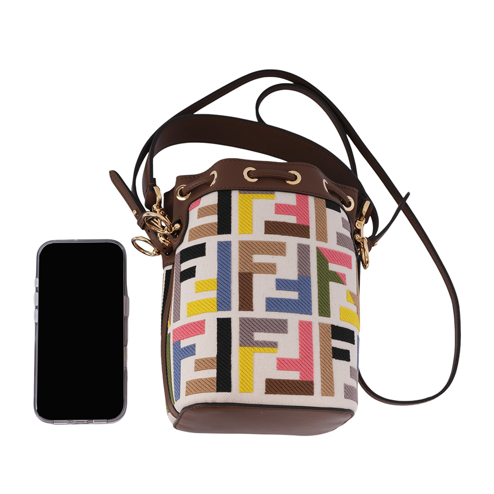 【FENDI】MON TRESOR 刺繡帆布及皮革二用迷你水桶包(彩色) 8BS093 AOW2 F1PI3