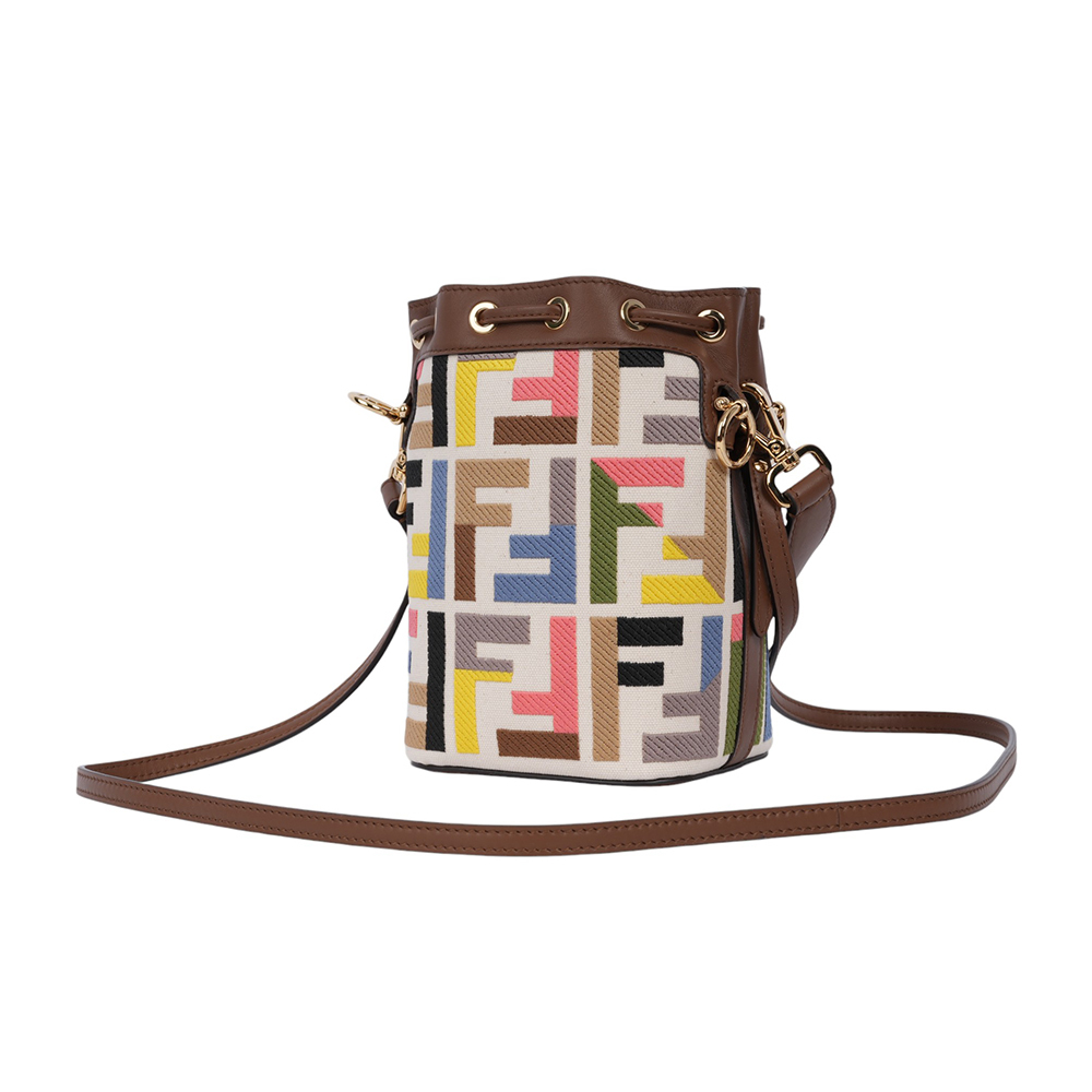 【FENDI】MON TRESOR 刺繡帆布及皮革二用迷你水桶包(彩色) 8BS093 AOW2 F1PI3