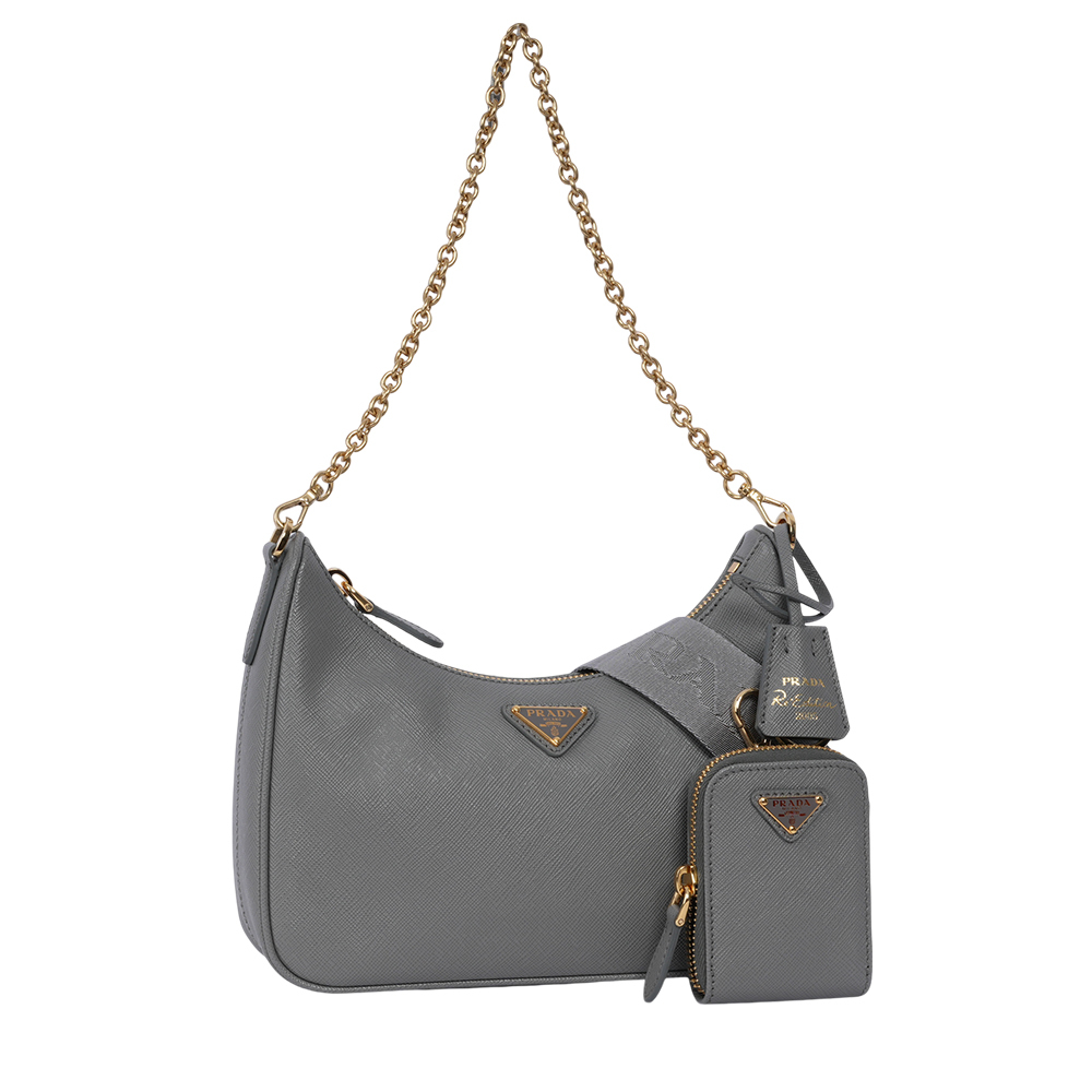 【PRADA】Re-Edition 2005 金色三角牌標誌防刮皮革三合一包(板岩灰)1BH204 NZV F0CZG