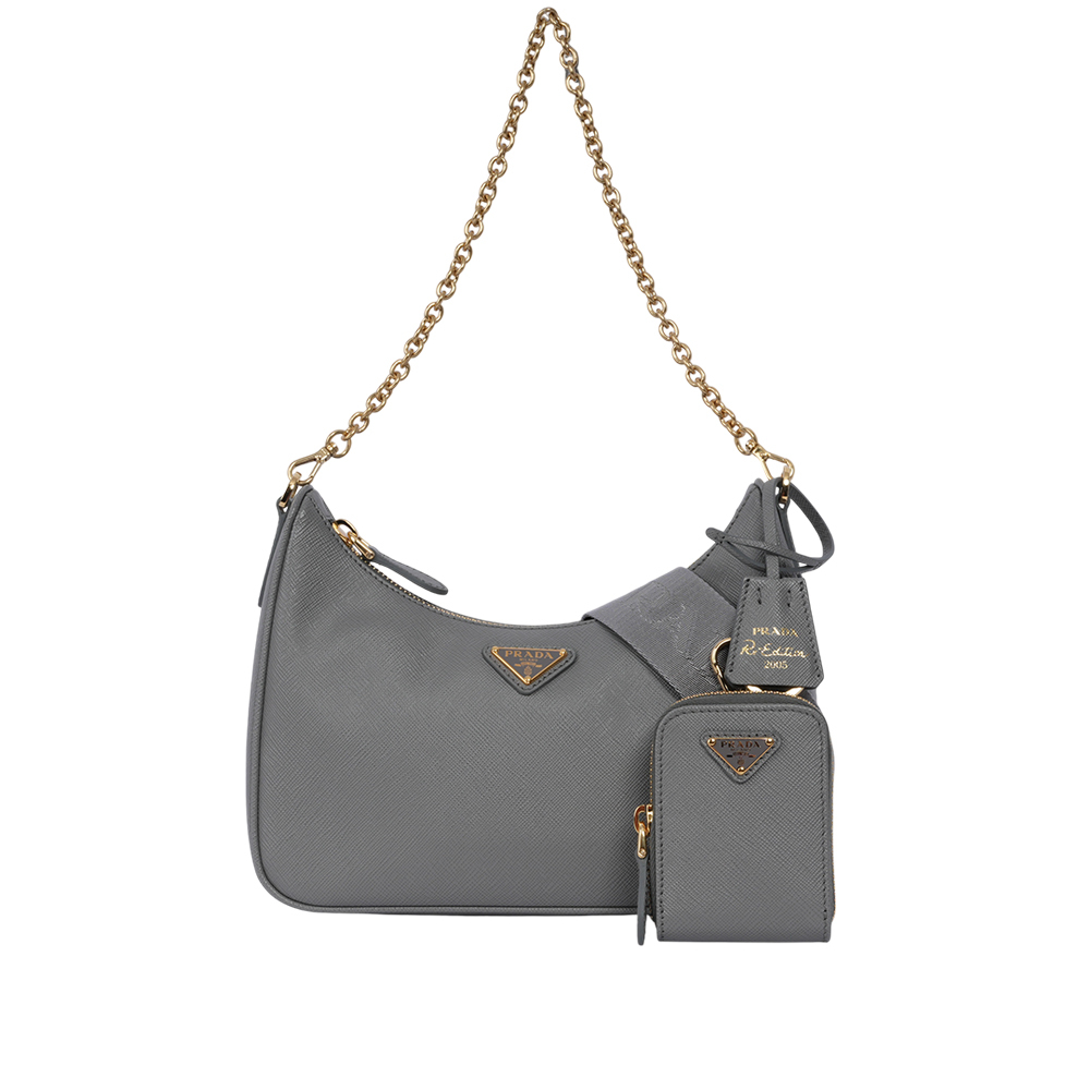【PRADA】Re-Edition 2005 金色三角牌標誌防刮皮革三合一包(板岩灰)1BH204 NZV F0CZG